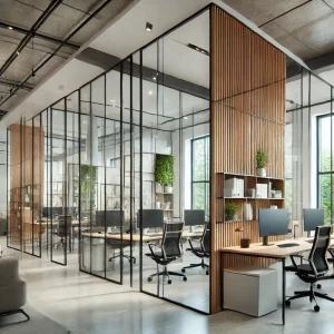 Moderner verglaster Konferenzraum mit hochwertigen Glaswänden für eine elegante Büroumgebung.