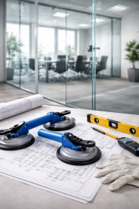 Montage einer Glastrennwand im Büro mit Saughebern, technischen Plänen und Werkzeug – professionelle Vorbereitung und Installation von Glaswänden