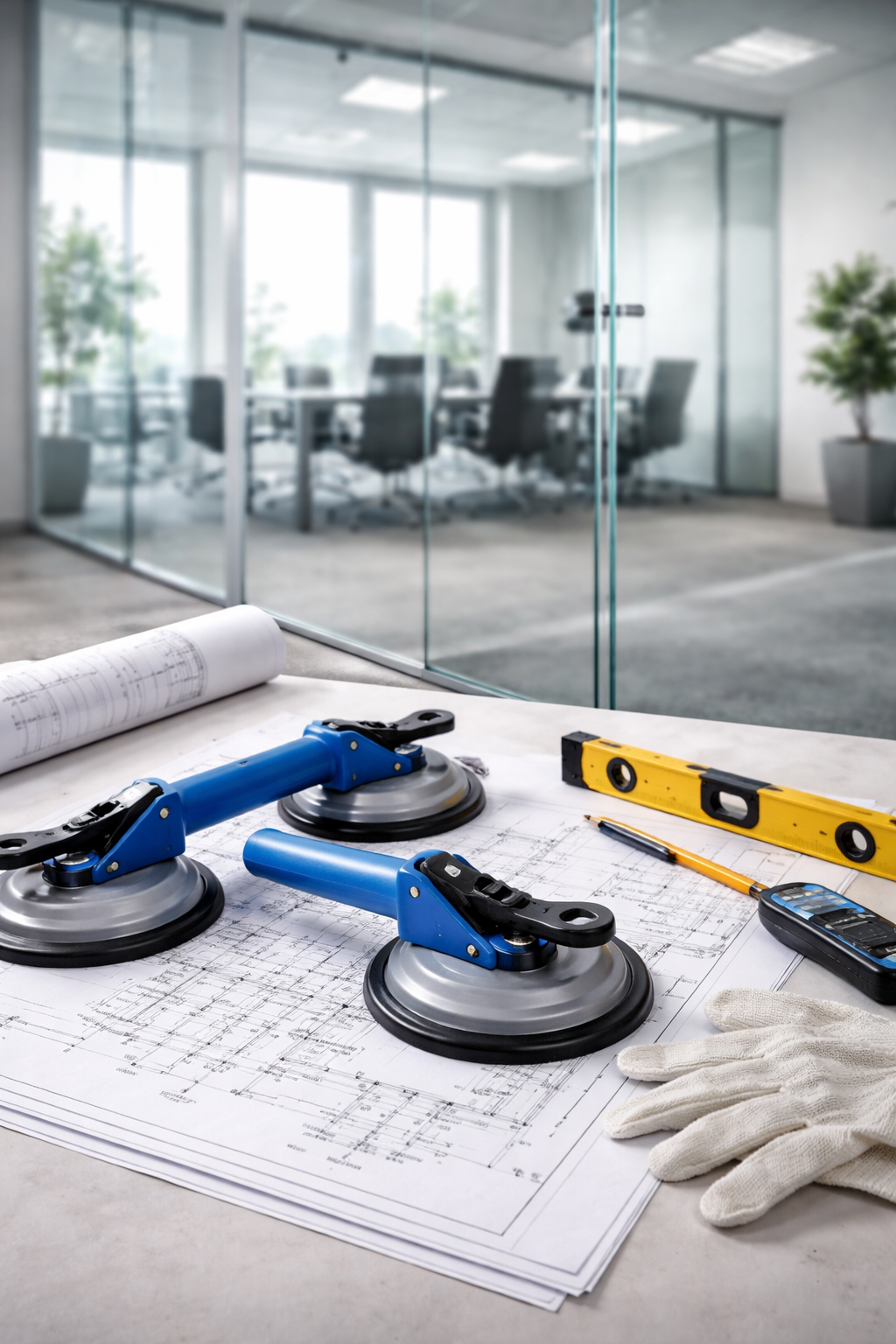 Montage einer Glastrennwand im Büro mit Saughebern, technischen Plänen und Werkzeug – professionelle Vorbereitung und Installation von Glaswänden